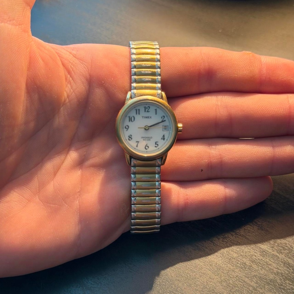 Times Indiglo elastic stretch band quarts two tone (gold/silver woman's watch)